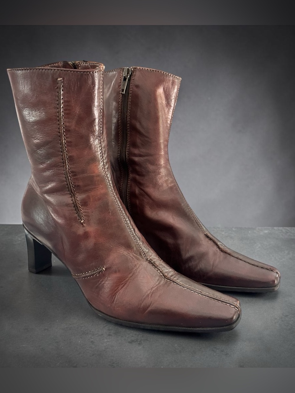 Vintage 90’s Sesto Meucci Women's Brown Leather Mid-Heel Ankle Boots